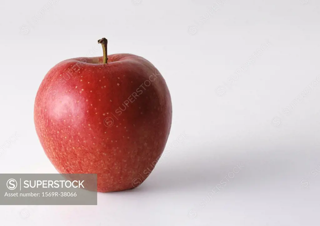 Red apple with stem, in upright position, white background