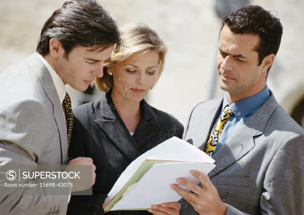 Two businessmen and a woman examining document