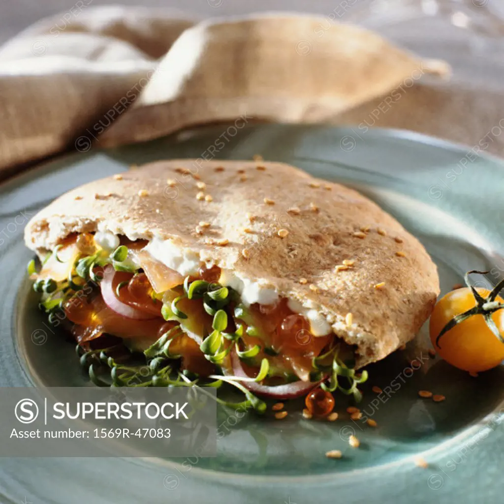 Pita sandwhich filled with feta cheese, salmon roe and sprouts, close-up