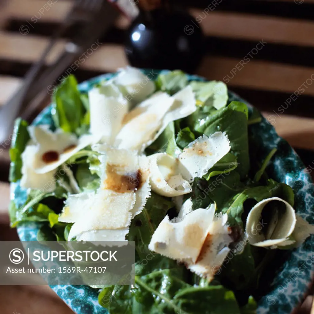 Salad with parmesan, high angle view, close-up