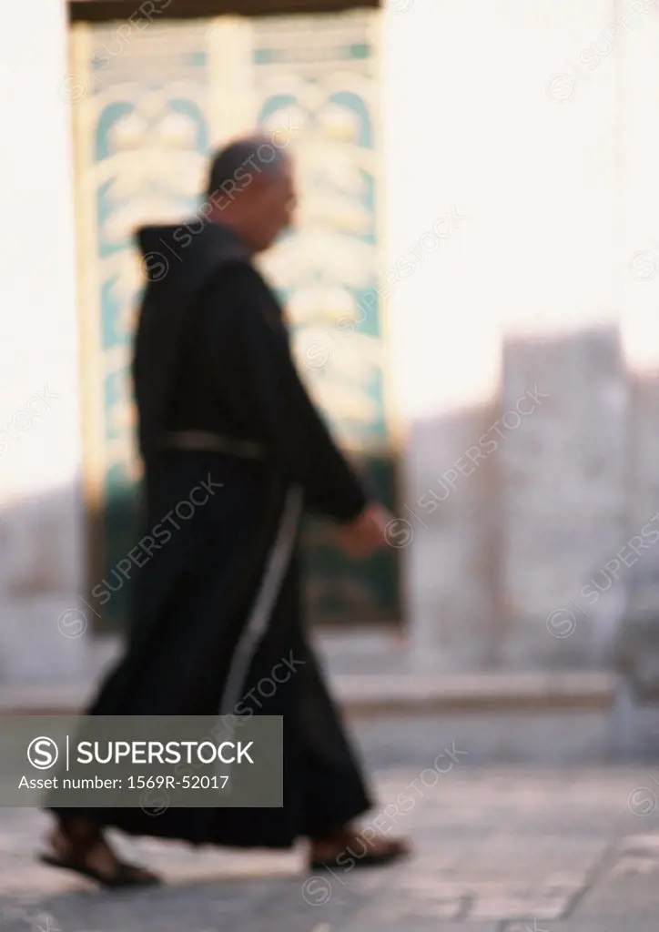 Israel, Jerusalem, monk, side view, blurred