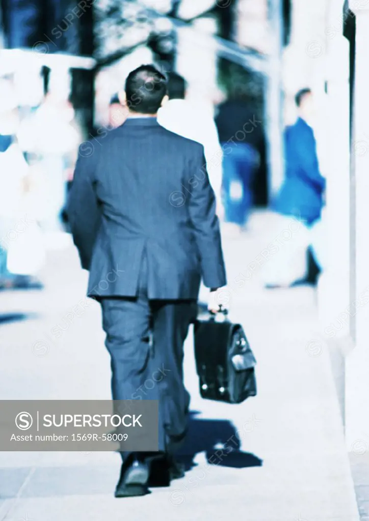 Businessman walking in street, rear view