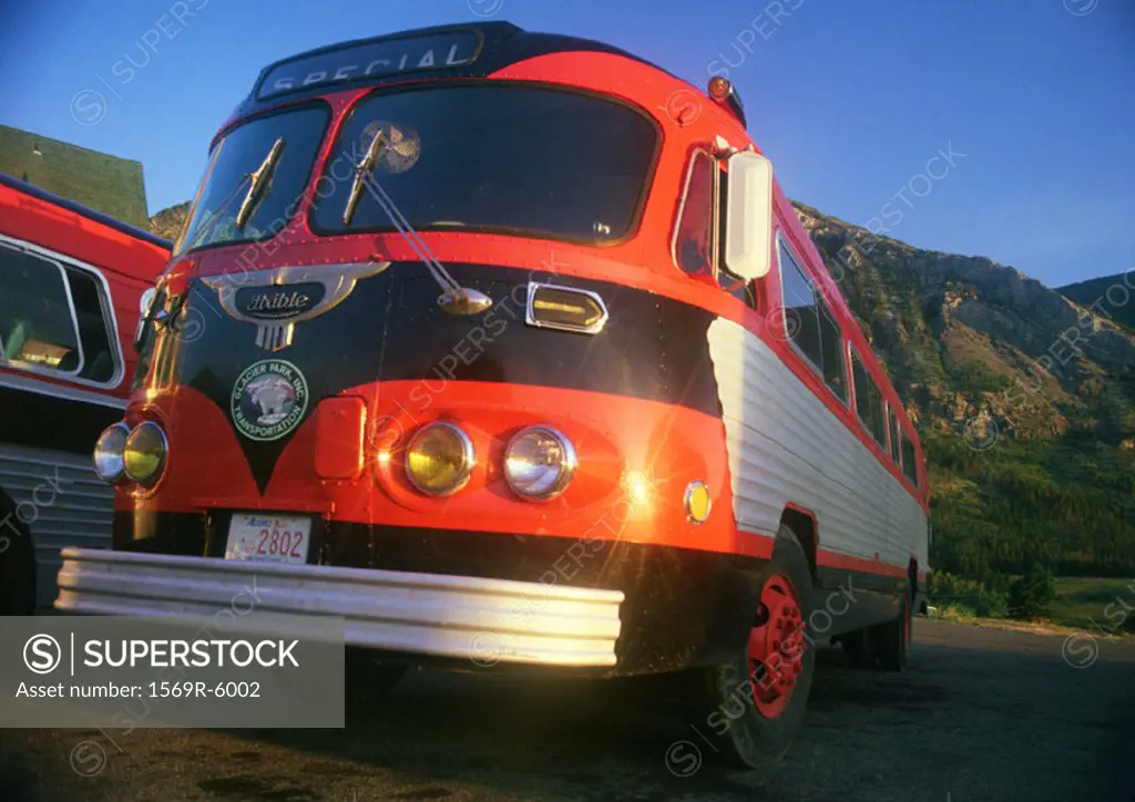 USA, buses parked near mountains