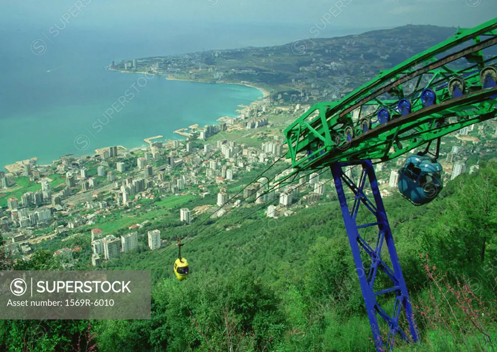 Lebanon, cable car overlooking coastal city