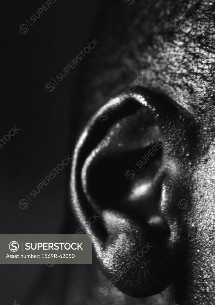 Man´s ear, close up, black and white
