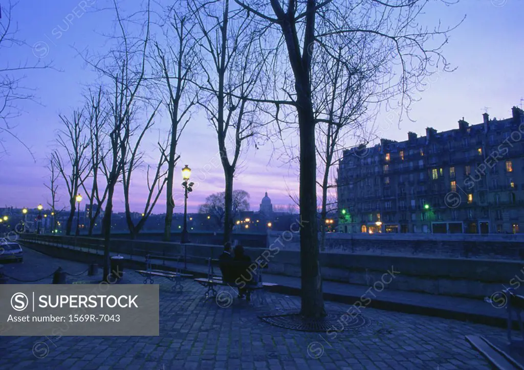 France, Paris, benches and trees at dusk