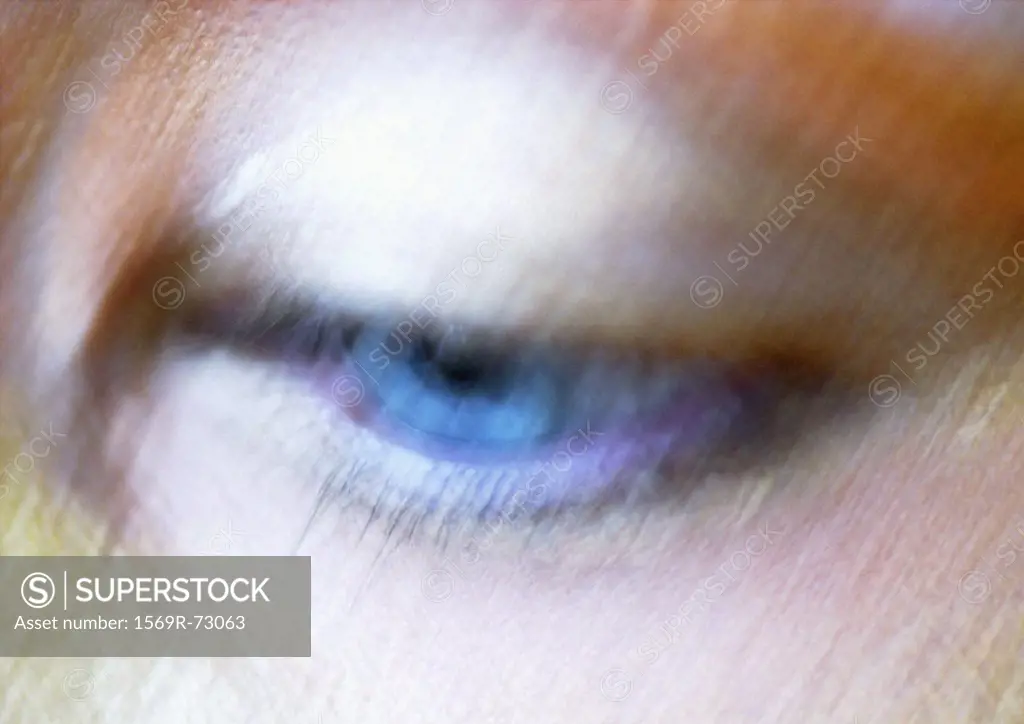 Woman´s blue eye looking down, blurred close up