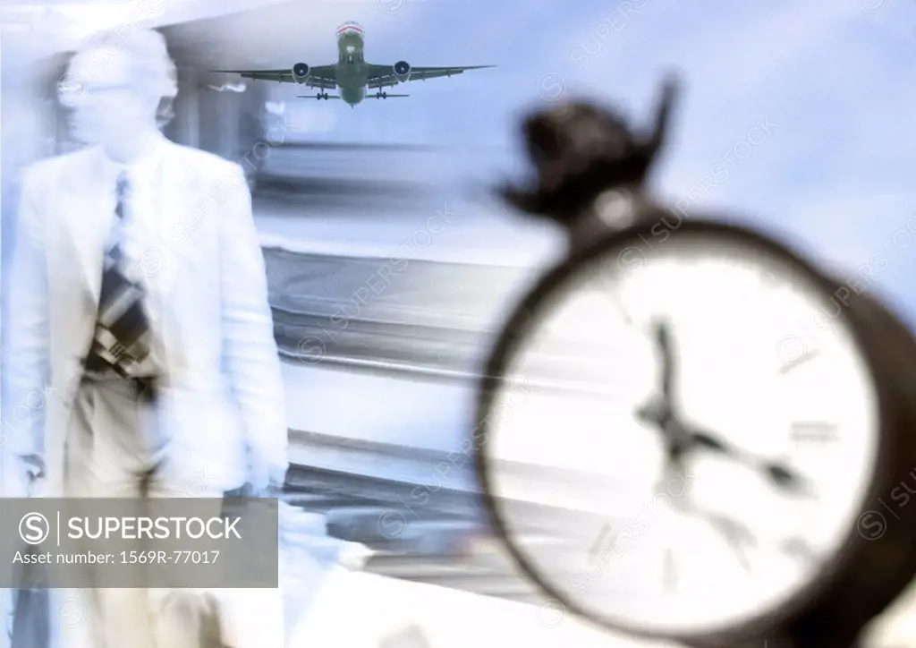 Businessman walking next to clock, with plane in background, montage