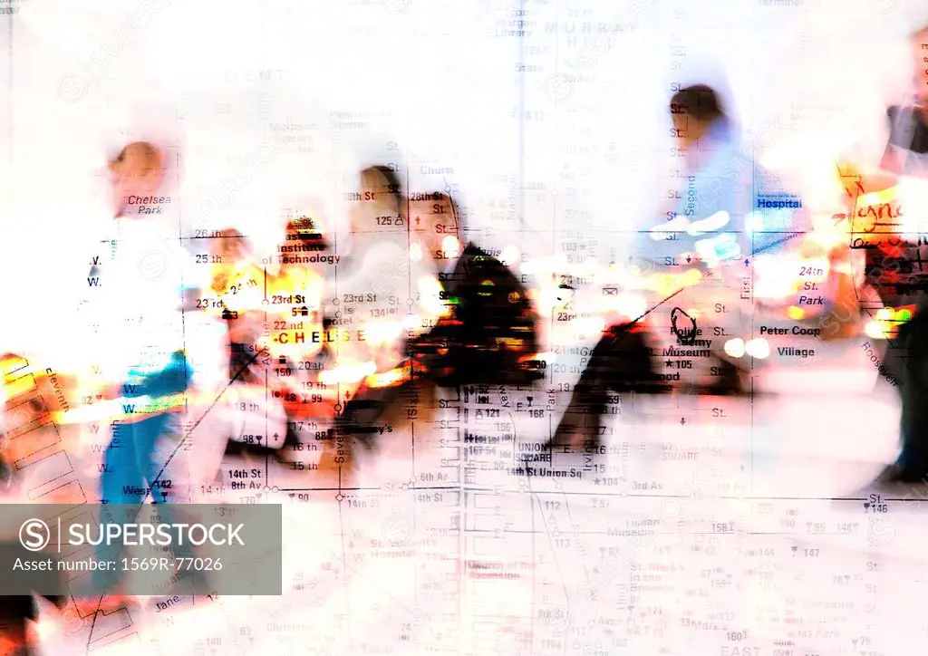 People sitting, superimposed on map, blurry