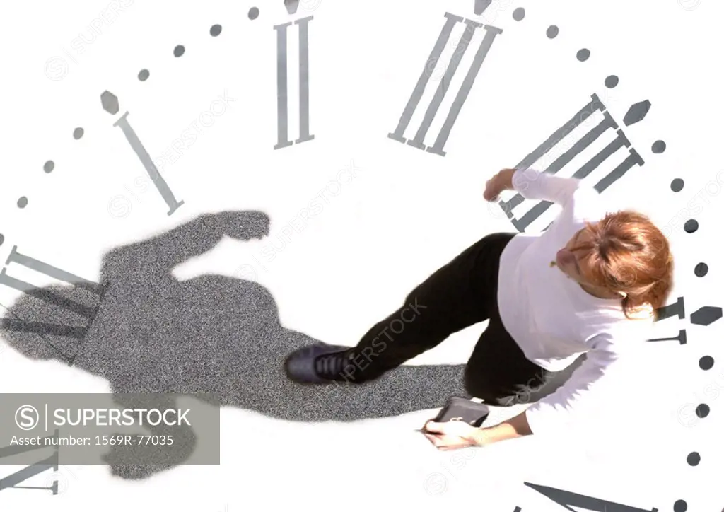 Woman walking on clock, montage