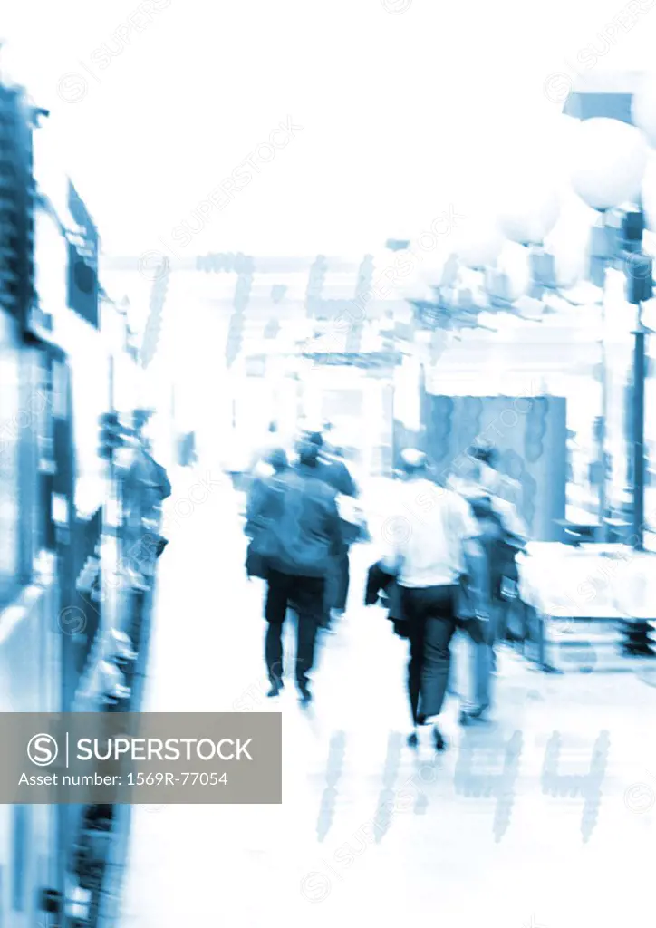 People walking with digital times superimposed