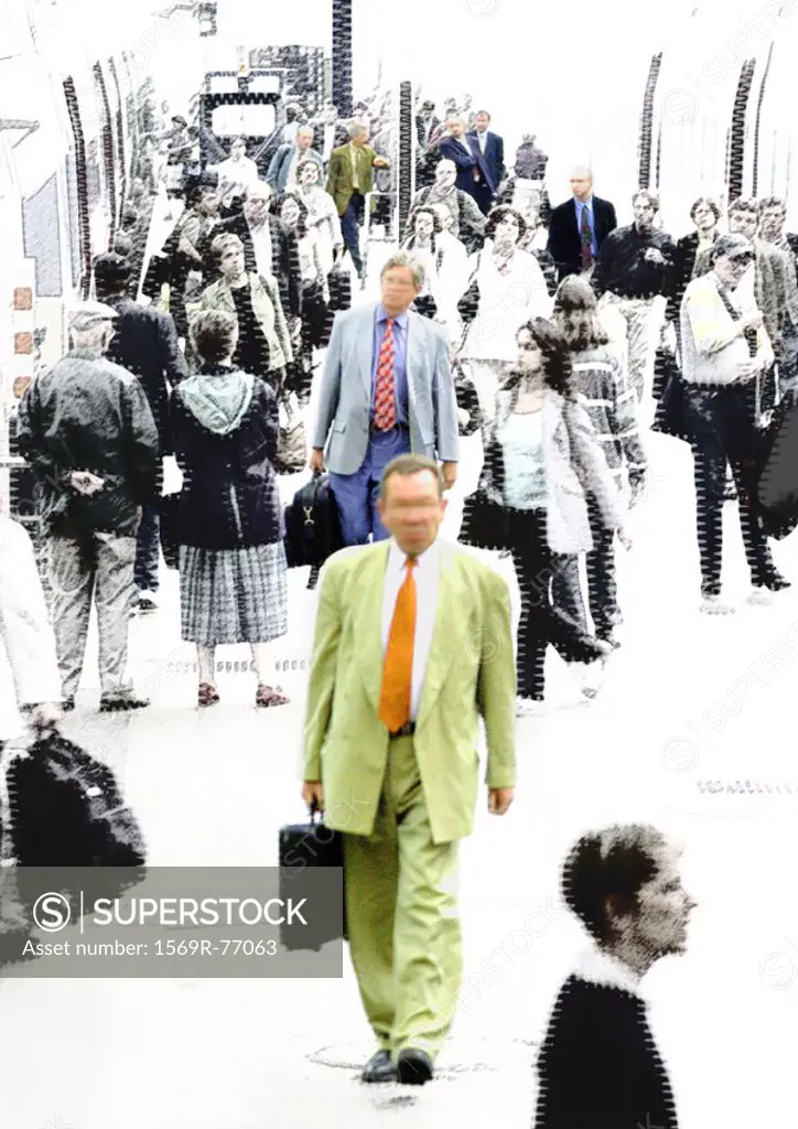 Businessmen walking with briefcases, in color, through crowd on platform, b&w