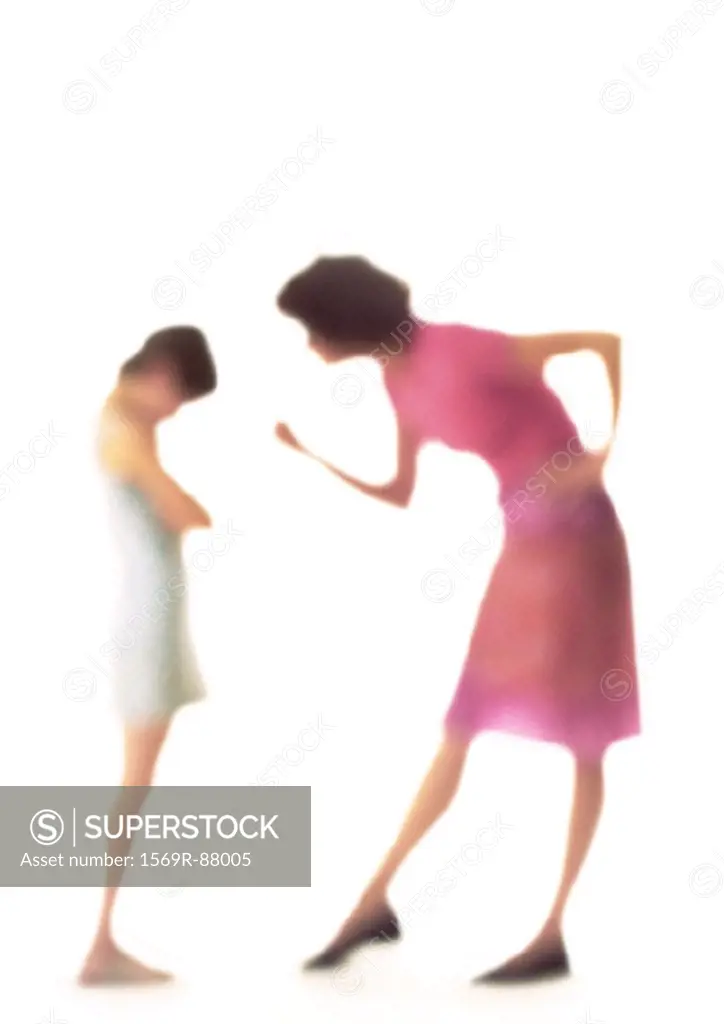 Silhouette of mother scolding daughter, on white background, defocused