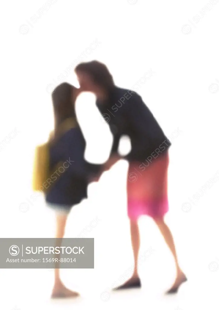 Silhouette of mother and daughter kissing on white background, defocused