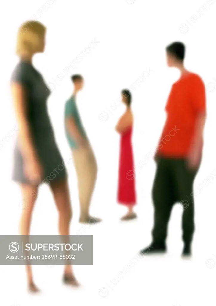 Silhouette of two couples standing apart, on white background, defocused