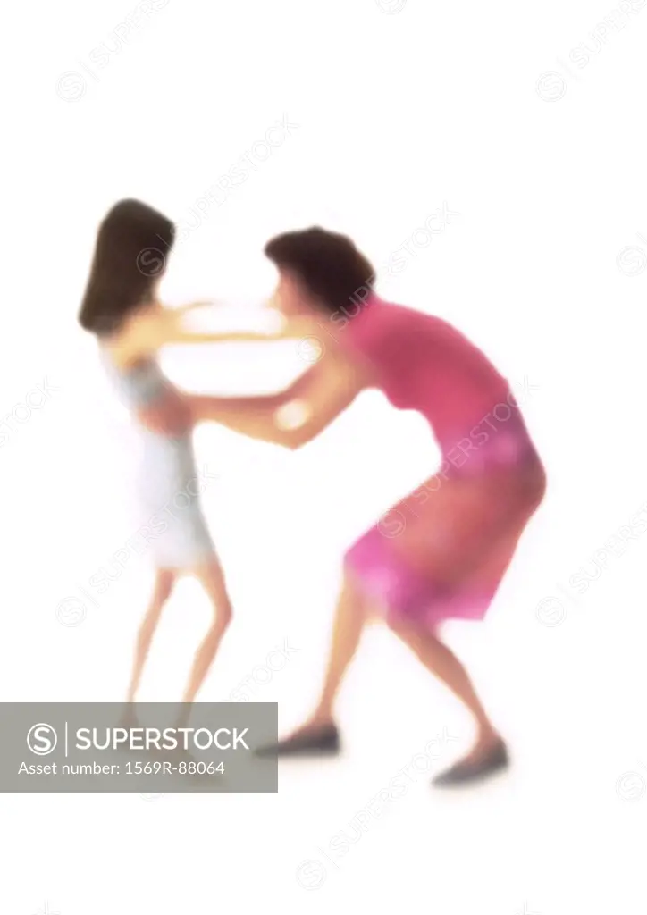 Silhouette of mother and daughter about to hug, on white background, defocused