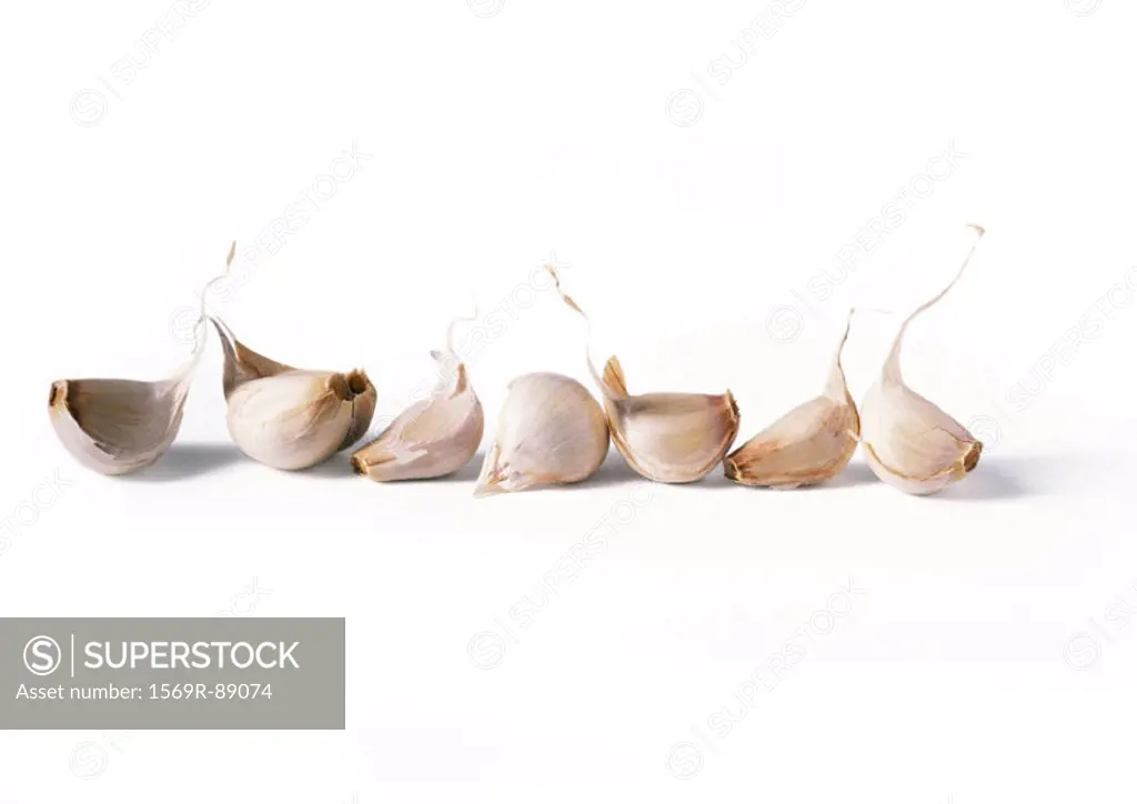 Garlic cloves in a line, front view