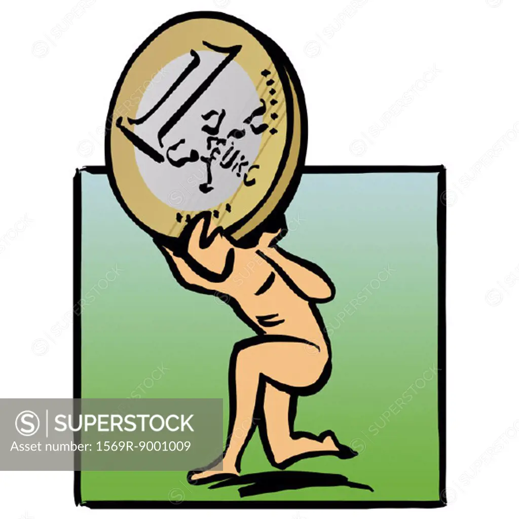 Nude figure holding Euro coin on shoulders
