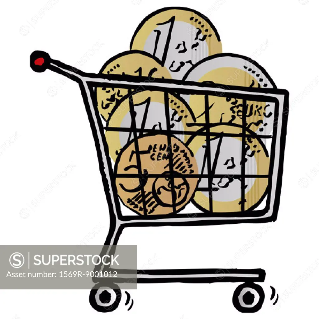 Shopping cart full of Euro coins