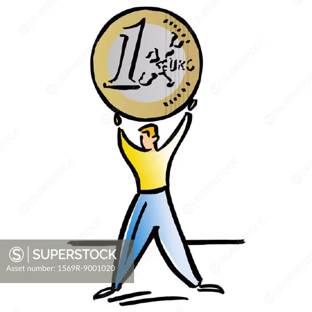 Man holding up euro coin