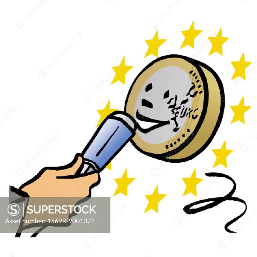 Euro coin speaking into microphone