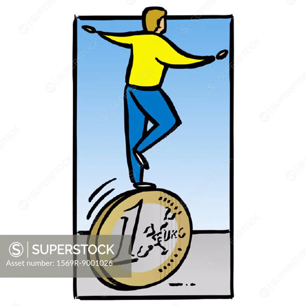 Man balancing on euro coin