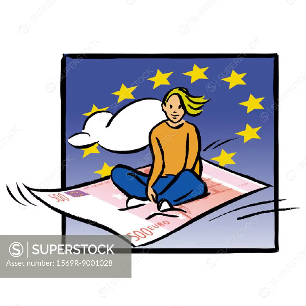 Woman sitting on flying carpet made from euro bill