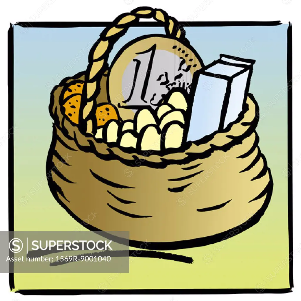 Basket full of groceries and euro coin