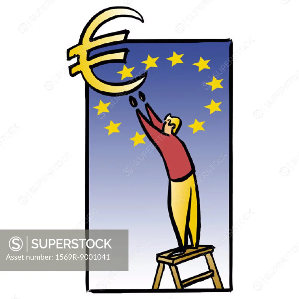 Man on ladder reaching for Euro sign