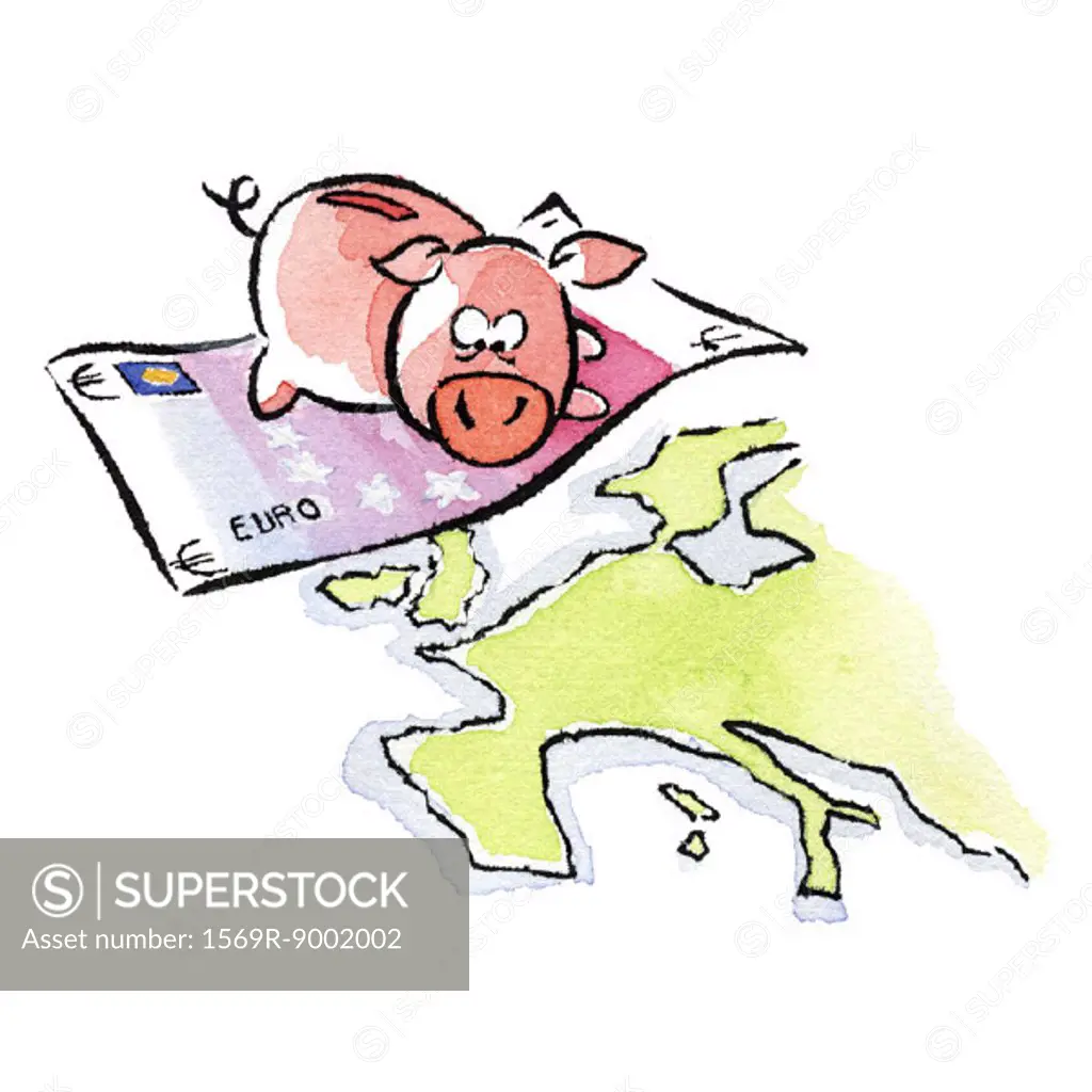 Piggy bank on euro bill flying over Europe