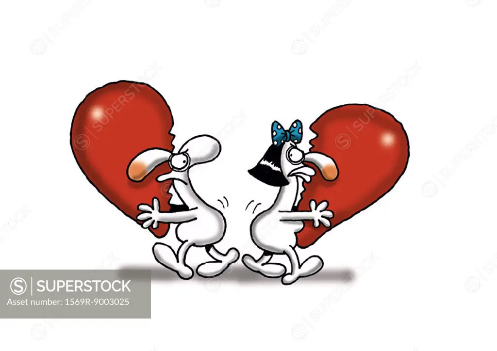 Man and woman carrying away halves of heart