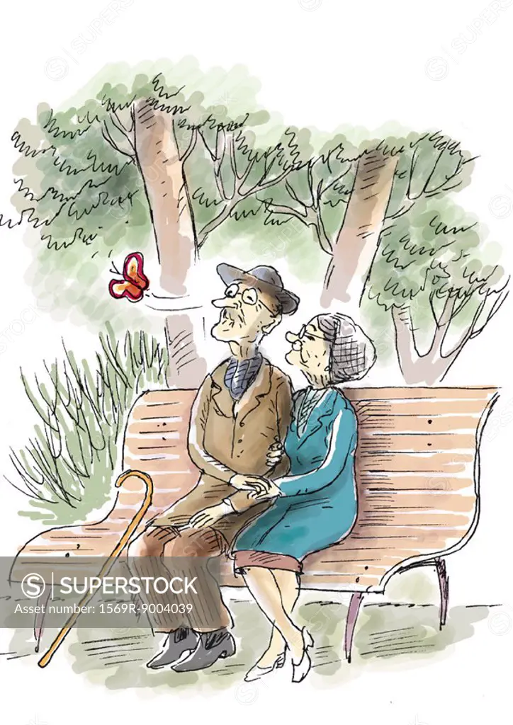 Elderly couple sitting on bench watching butterfly