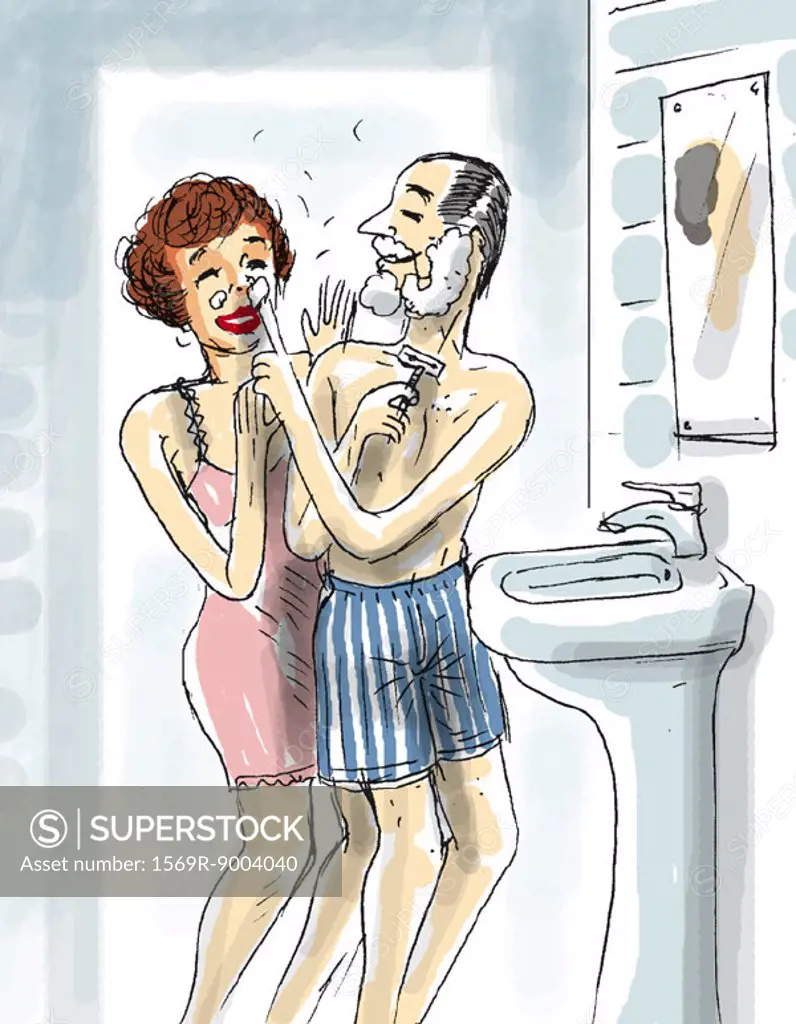 Couple in bathroom, man shaving