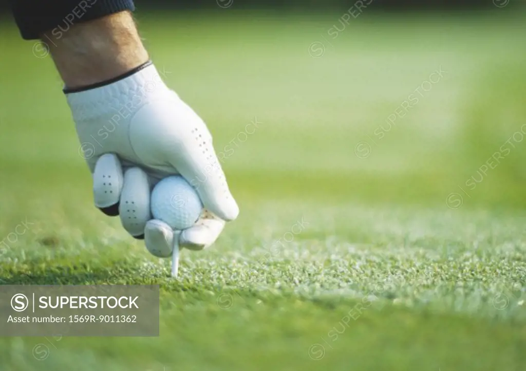 Golfer's gloved hand teeing up, close-up