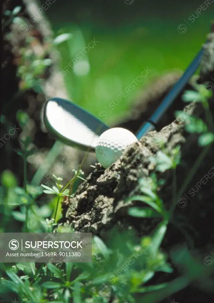 Club next to golf ball in mud, close-up