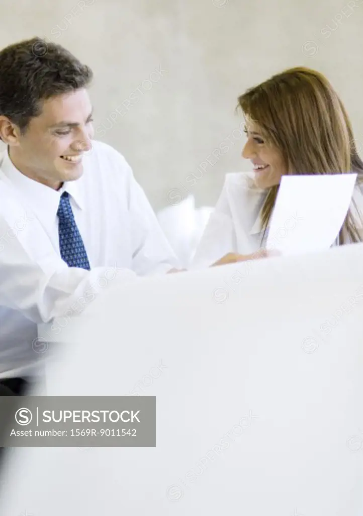 Two business colleagues working together and laughing