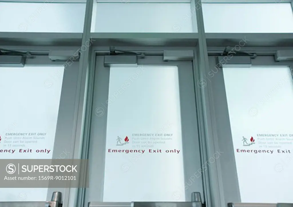Emergency exit doors in airport, low angle view