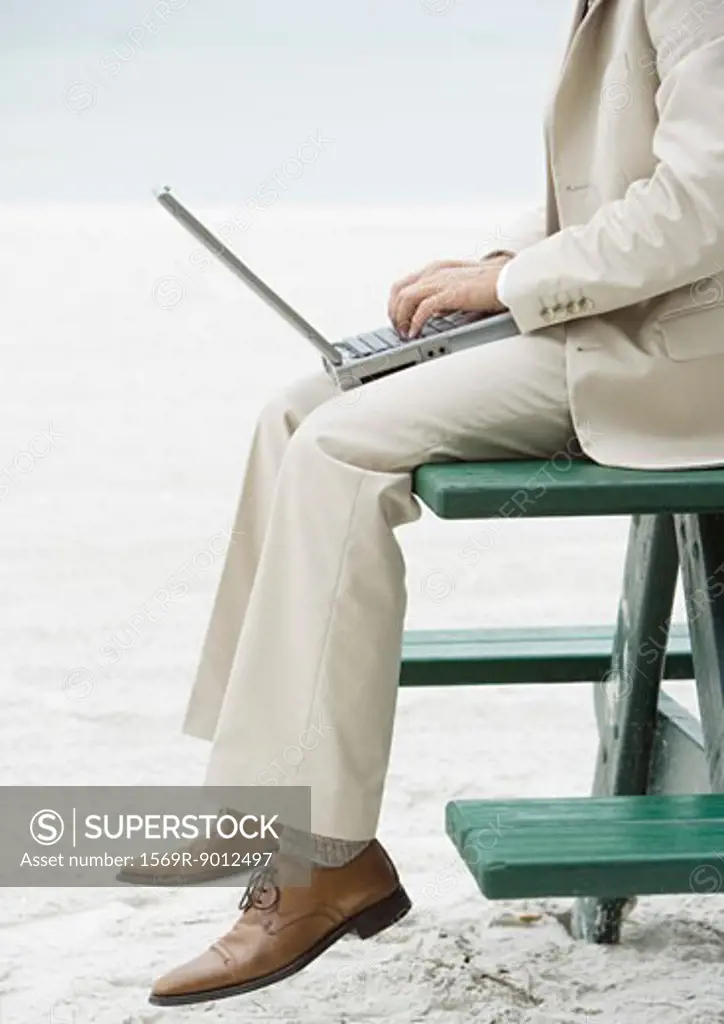 Businessman sitting on picnic table on beach, using laptop, chest down