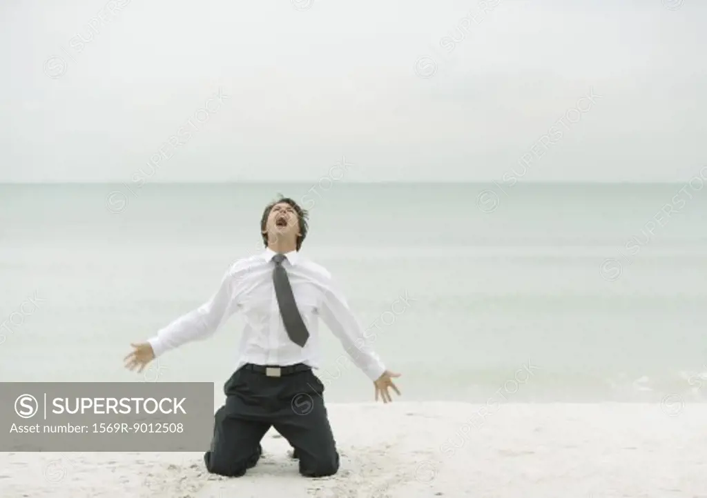 Businessman down on knees, screaming, on beach