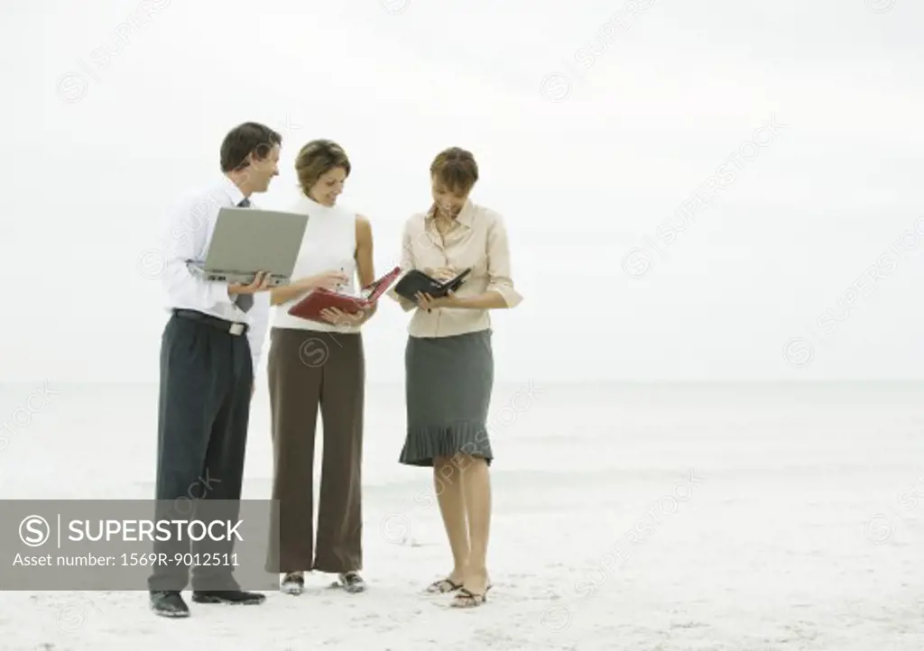Business team consulting agendas on beach