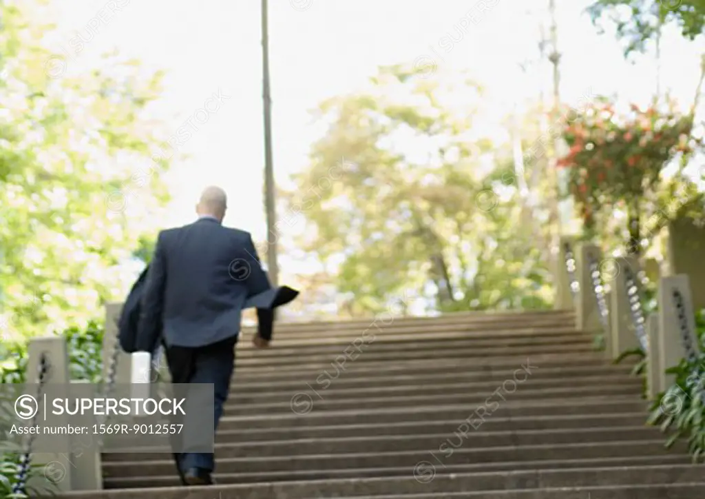 Businessman walking up stairs, rear view