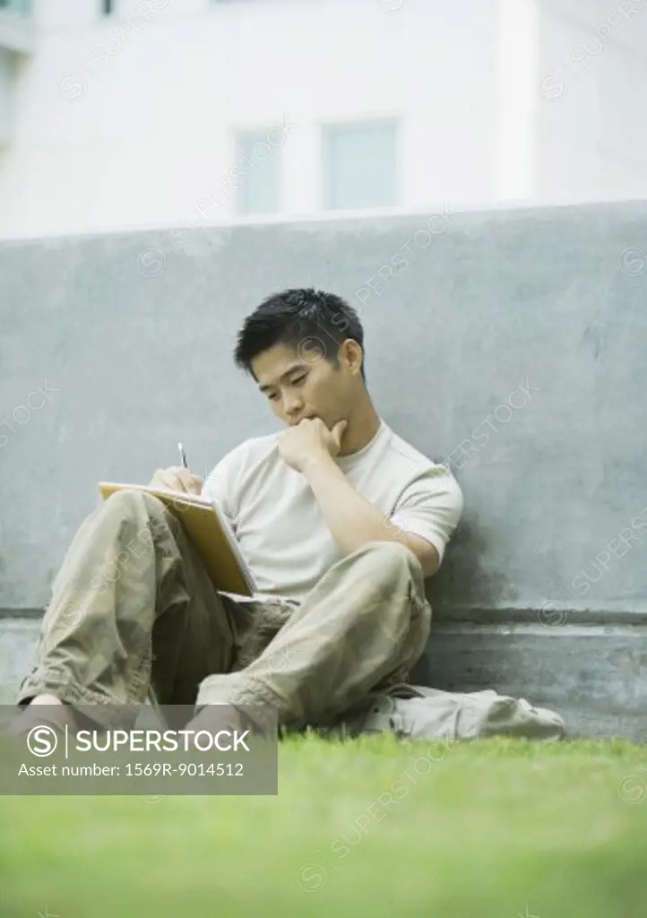 Young man sitting on grass, studying