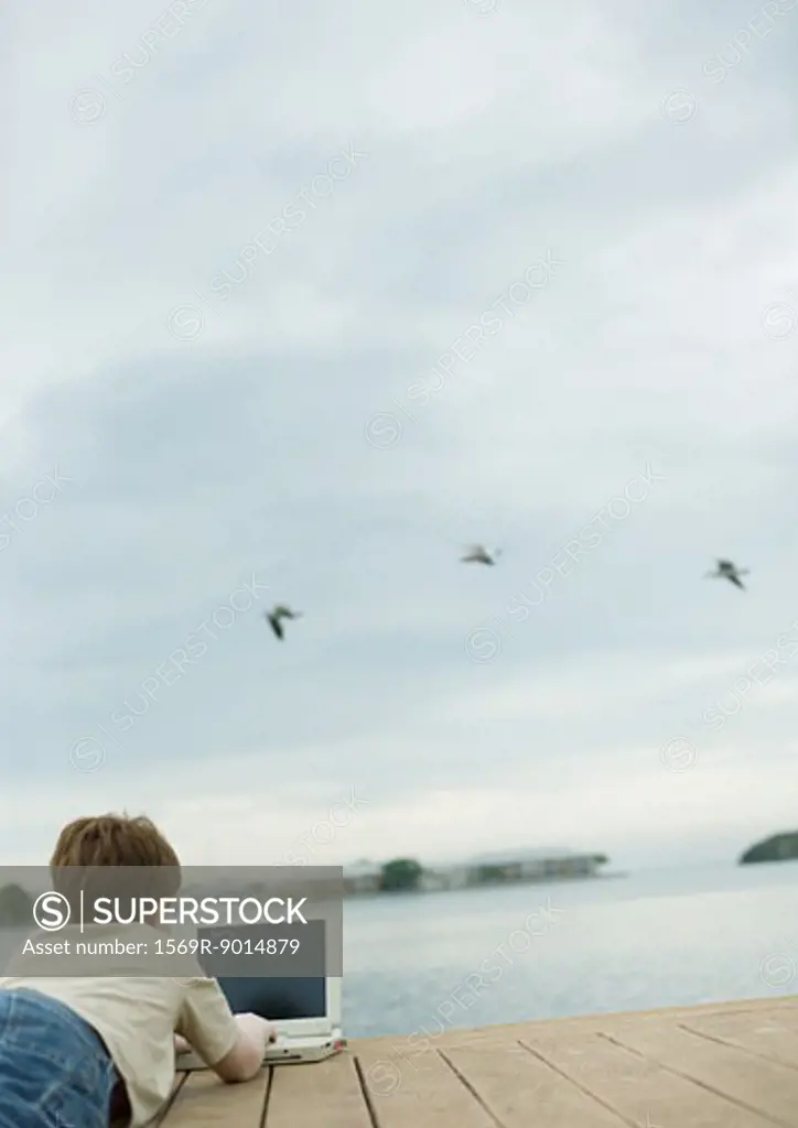 Child lying on dock using laptop, birds flying over water in background