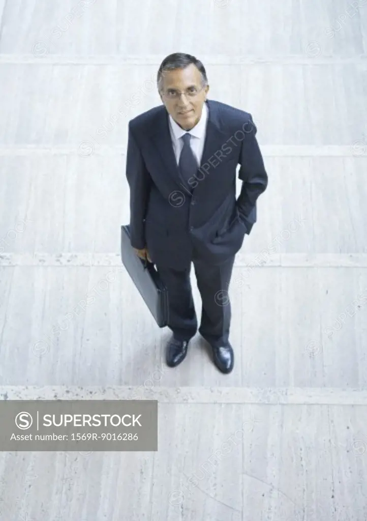 Businessman standing with briefcase, high angle view