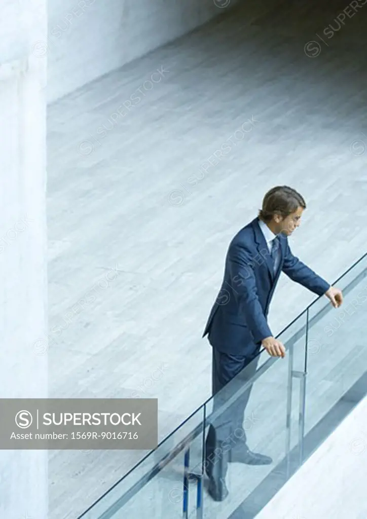 Businessman looking over guard rail, high angle view
