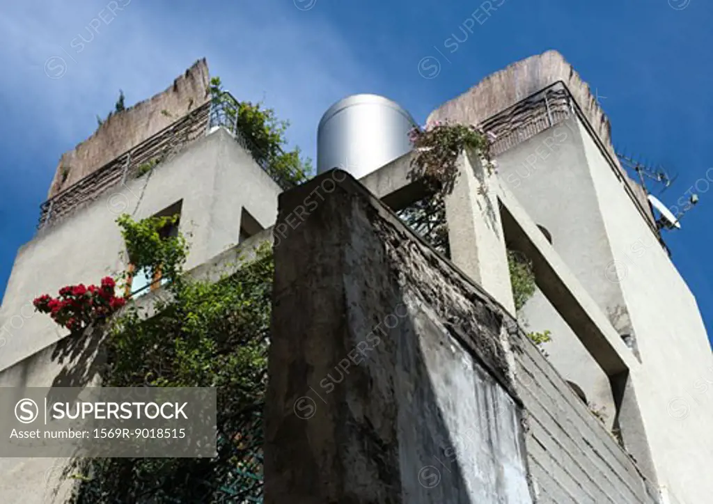 Apartment building with vegetation, low angle view