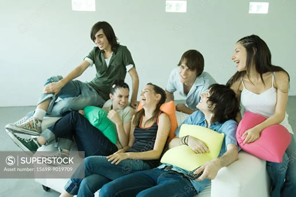 Group of young friends sitting on sofa, laughing