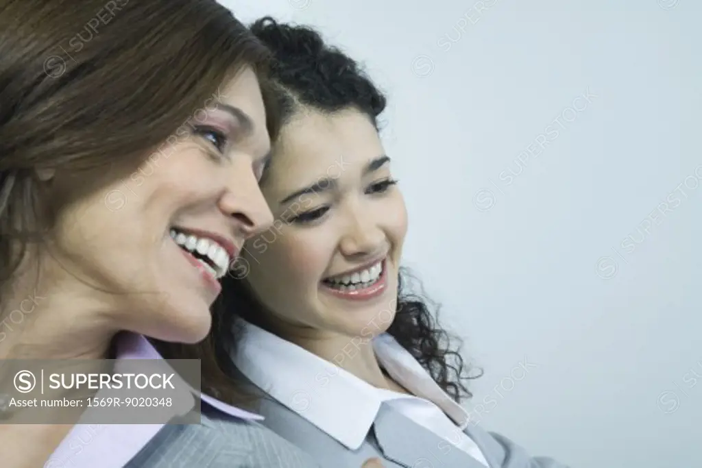 Two businesswomen sitting head to head, smiling