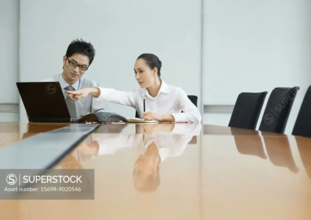 Two business executives working with laptop in conference room