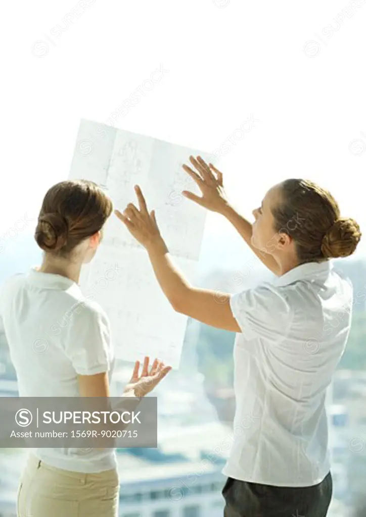 Two women holding up blueprints against window, discussing, rear view